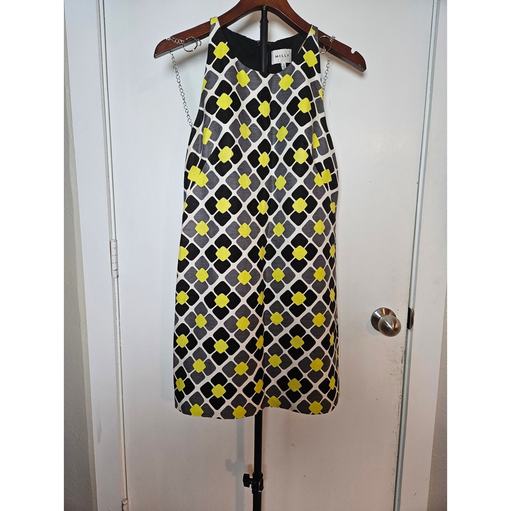 Milly Shift Mini Dress Womens Size 2 Yellow Black Geometric Silk Linen Retro 60s - Picture 2 of 8